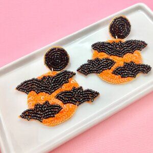 Bat Moon Halloween Goth Beaded Dangle Statement Earrings